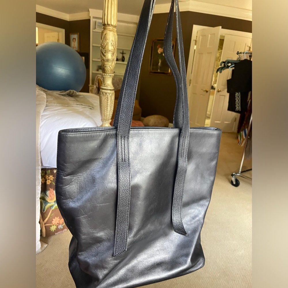 Black leather tote bag- large enough for work, lap top.